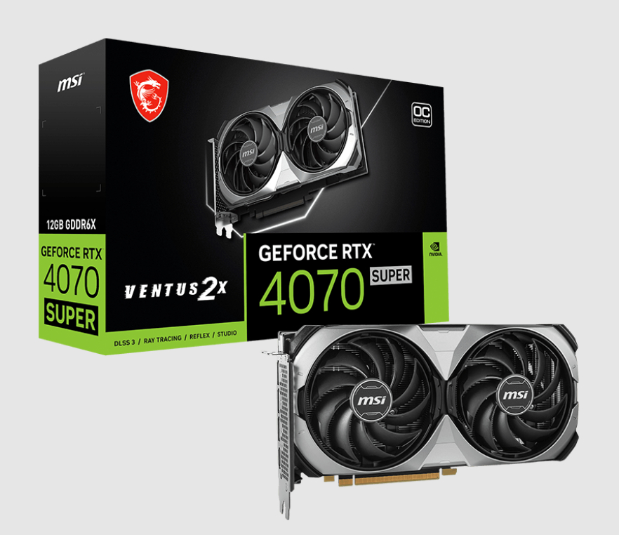  nVIDIA GeForce RTX 4070 SUPER 12G VENTUS 2X OC<br>Boost Mode: 2505 MHz, 1x HDMI/ 3x DP, Max Resolution: 7680 x 4320, 1x 16-Pin Connector, Recommended: 650W  